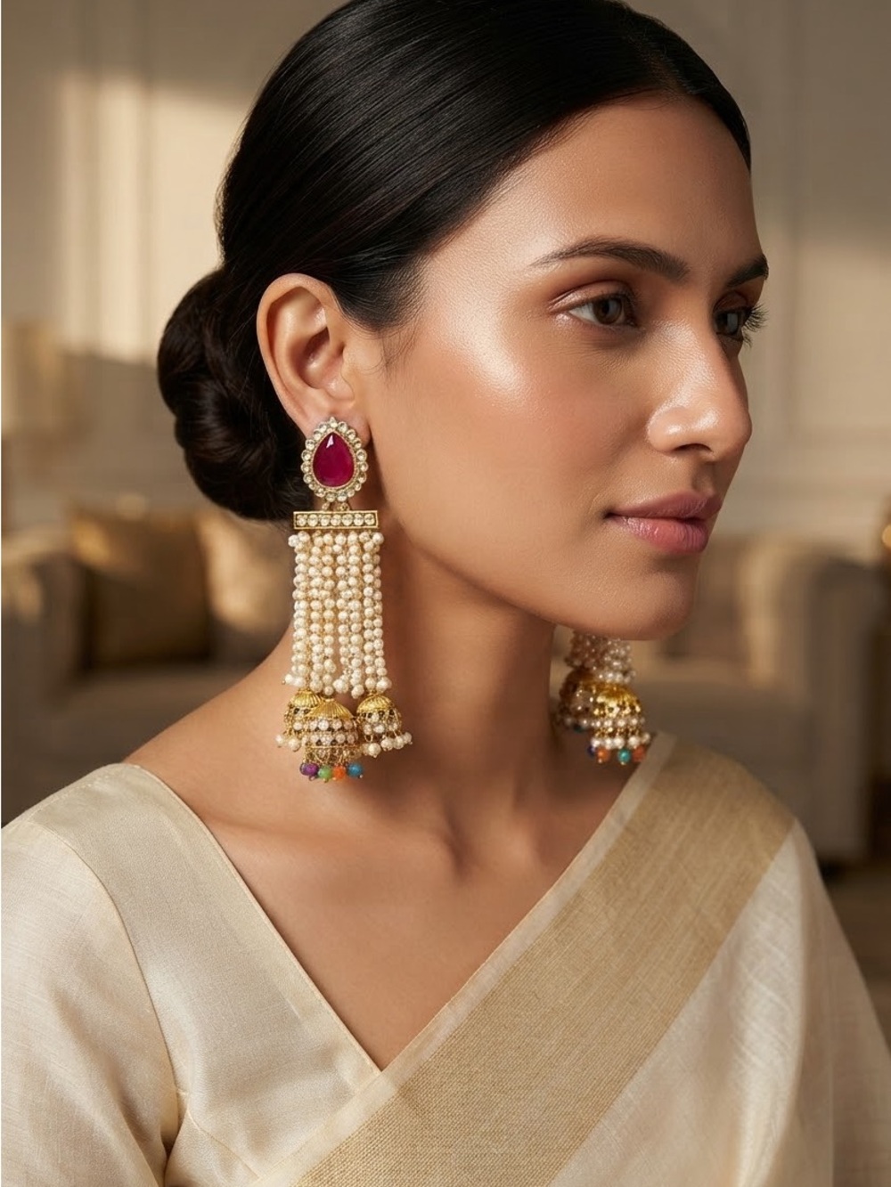 Gold Pearl Tassel Earrings with Ruby Teardrop - Women Jewelry